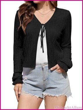 Crochet Cropped Cardigan Tie Front Shrug Long Sleeve Boho Knit Bolero